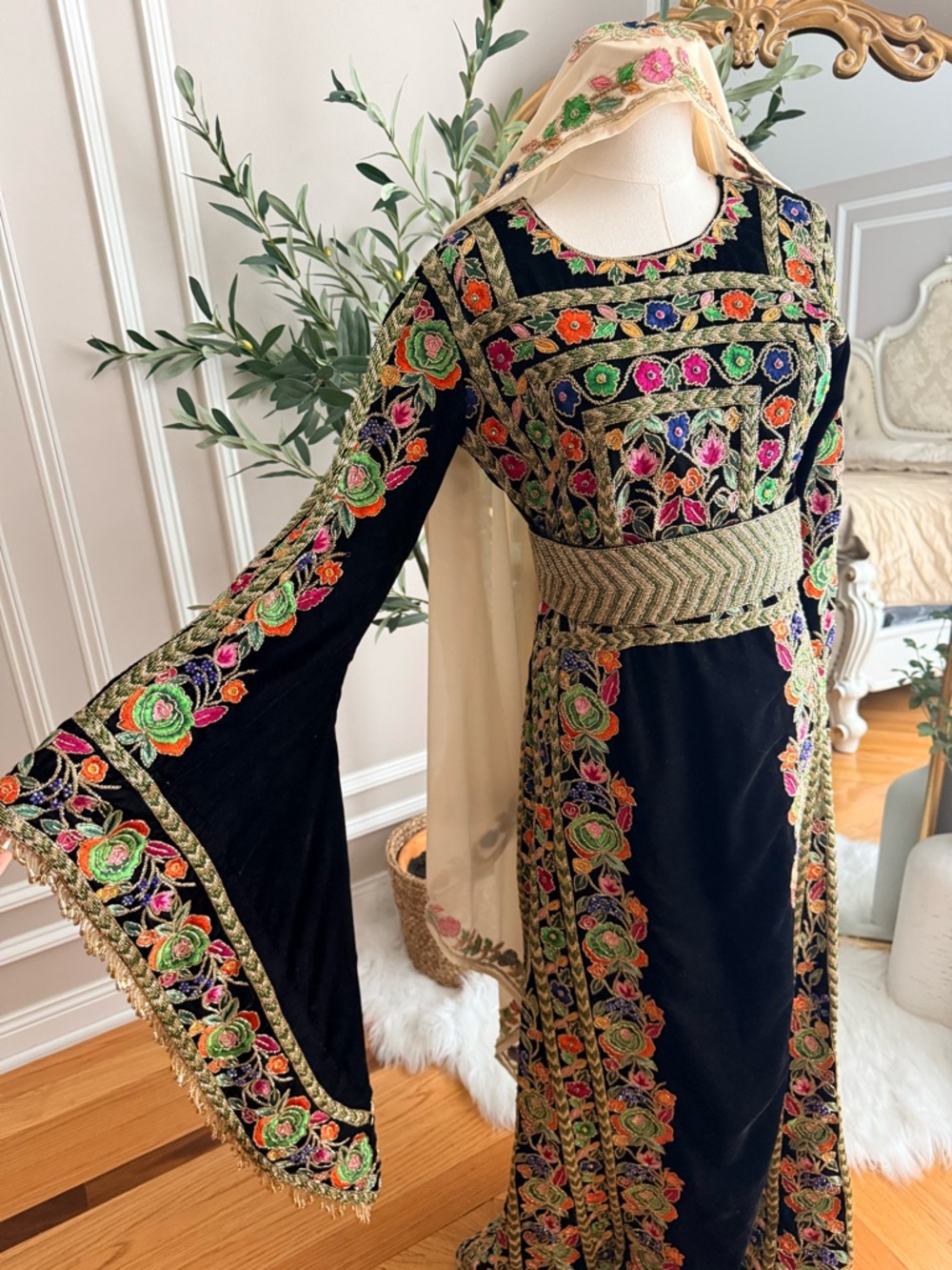 Embroidered Black Velvet Traditional Women's Dress with Floral Accents